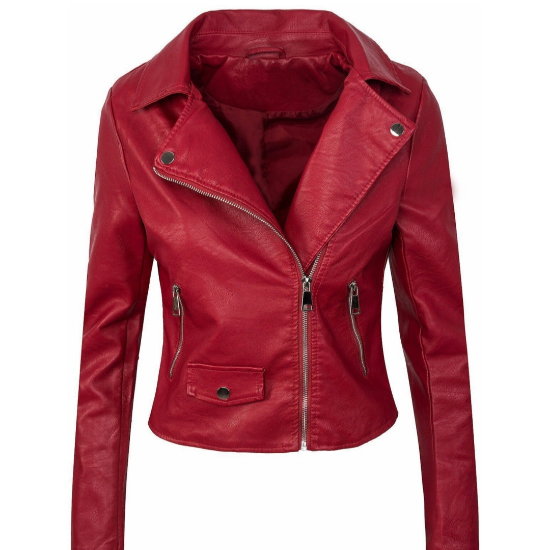 Women's Chic Slim PU Leather Fall Winter Coat With Short Zipper