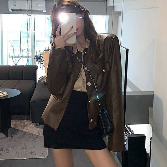 Women's Leather Retro Biker Coat For Winter