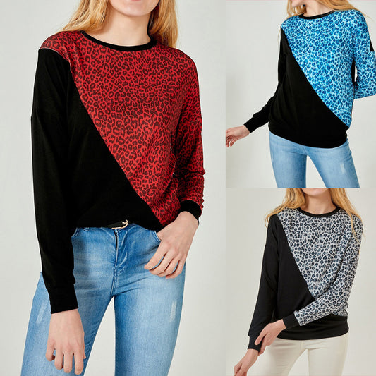 Casual Contrast Color Stitching Leopard Print Sweater Women