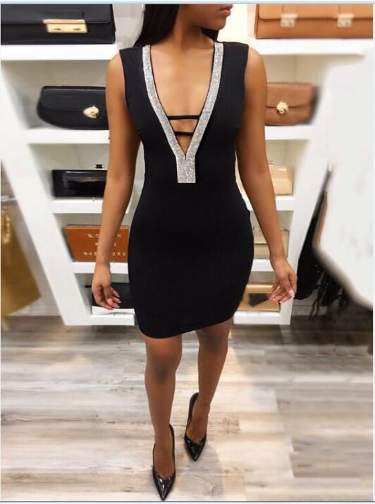 Women's Sexy Slim Ladies Deep V-neck Bodycon Party Dresses