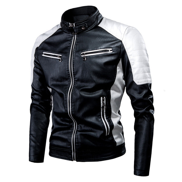 Men's casual motorcycle stitching wool leather jacket