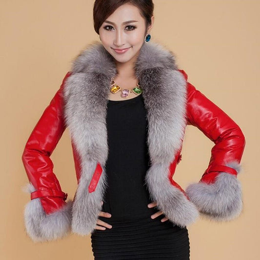 Women's Fur Coat Fashion For Winter | Fox Fur Collar Leather Jacket