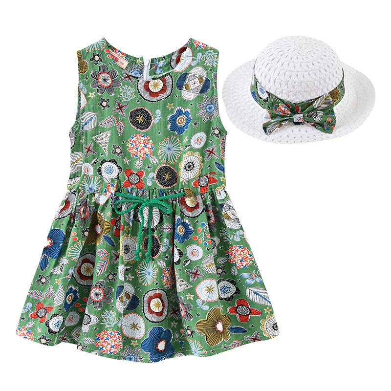 Girls Fashion Print Sleeveless Dress Hat Set