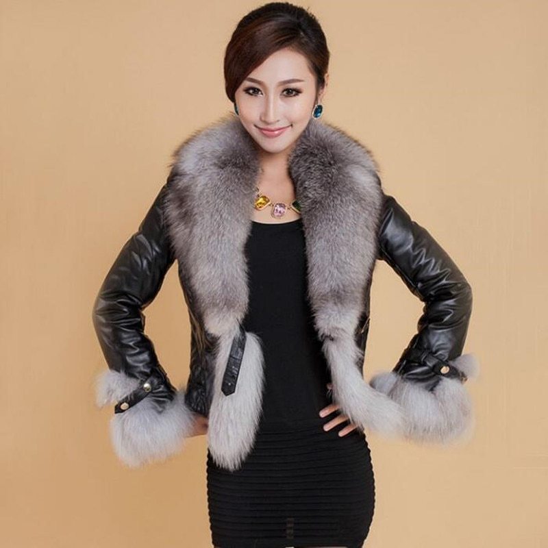 Women's Fur Coat Fashion For Winter | Fox Fur Collar Leather Jacket