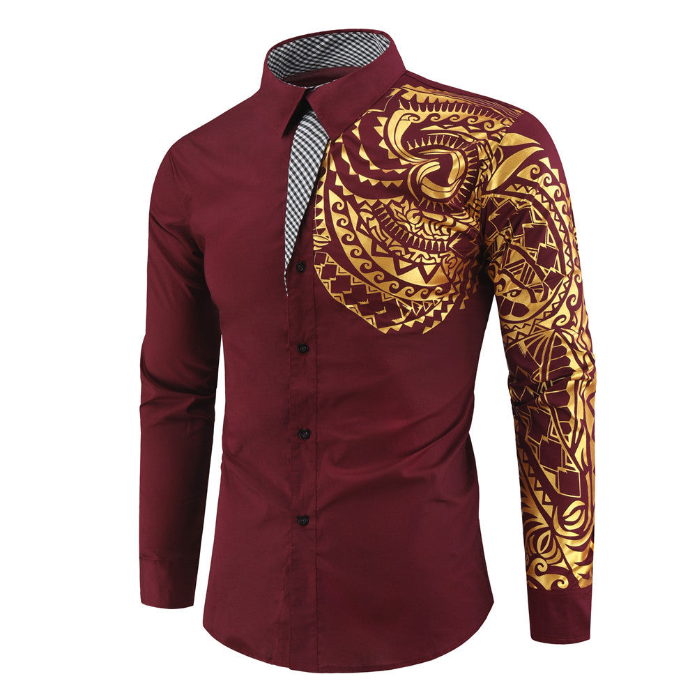 Men's Fashion Bronze Print Long Sleeve Lapel Shirt