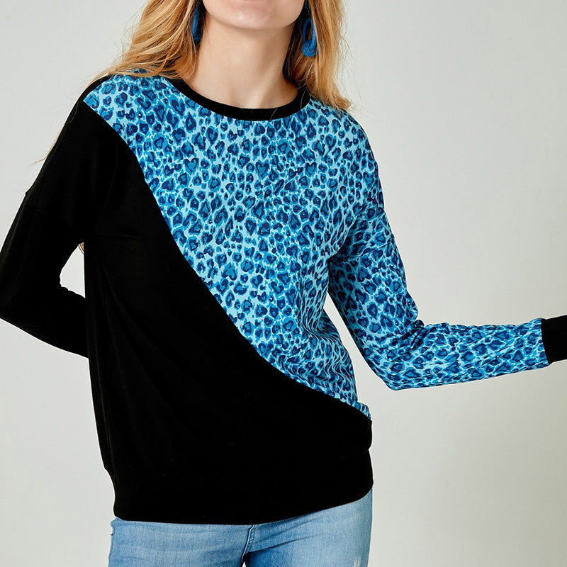 Casual Contrast Color Stitching Leopard Print Sweater Women