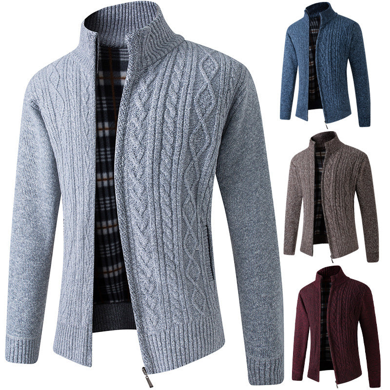 Men Plus Velvet Thick Knit Sweater Cardigan Sweater Father Wear Warm Jacket