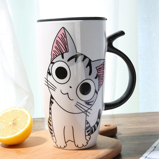 Cute Cat Ceramics Coffee Mug With Lid Large Capacity 600ml. To Start The Day