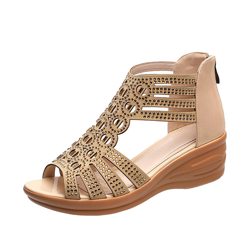 Fashion Wedges Female Rome Bling Hollow Out Shoes Women's Zip Footwear