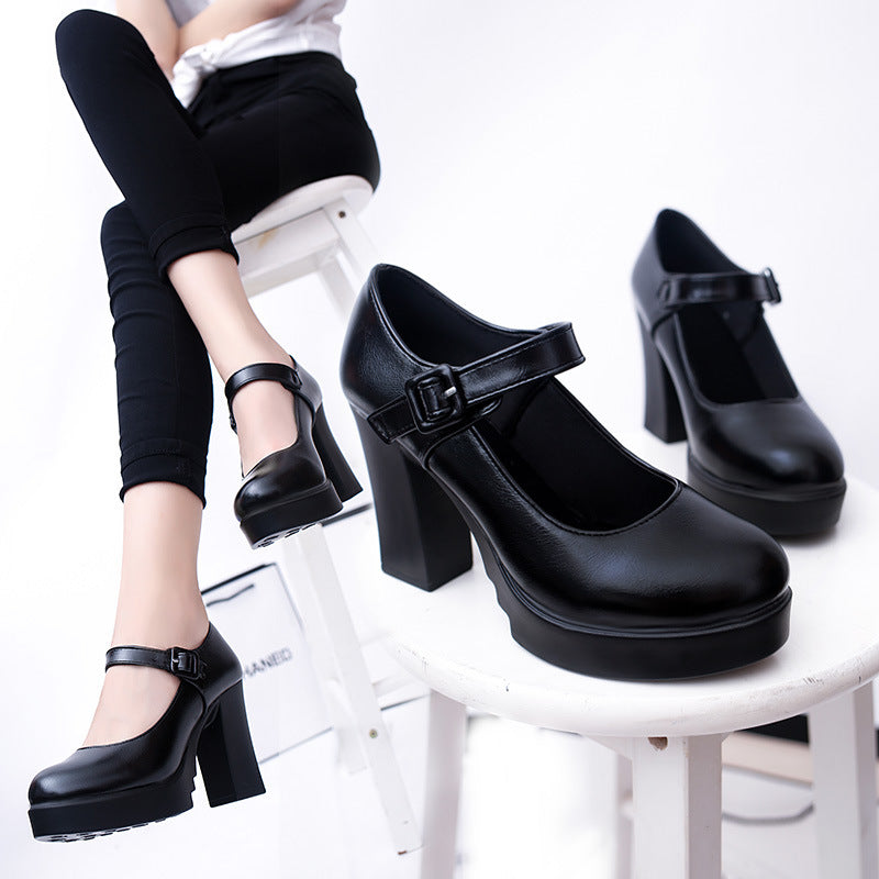 Womens Pumps Shoes Ankle Strap Mary Jane Platform Block High Heels Round Toe