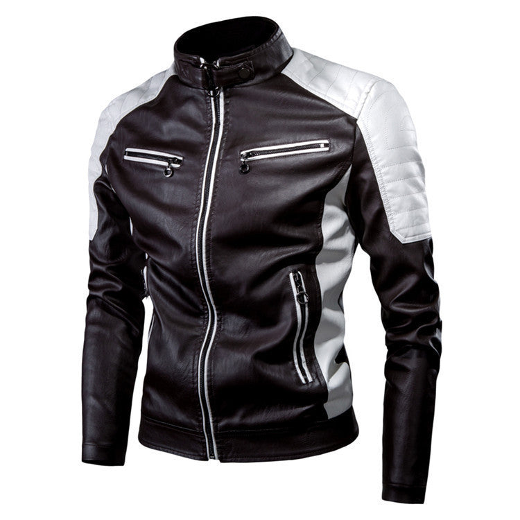 Men's casual motorcycle stitching wool leather jacket