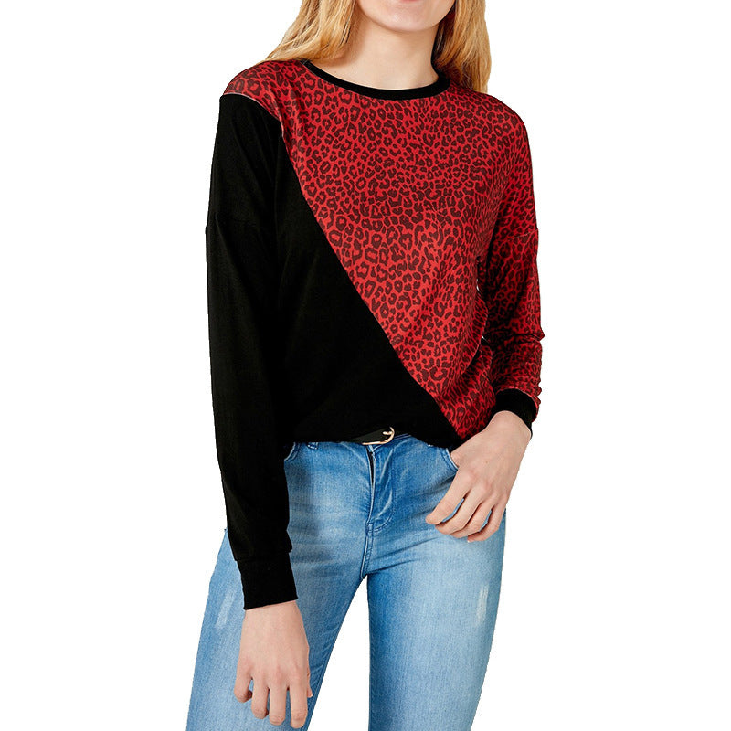 Casual Contrast Color Stitching Leopard Print Sweater Women