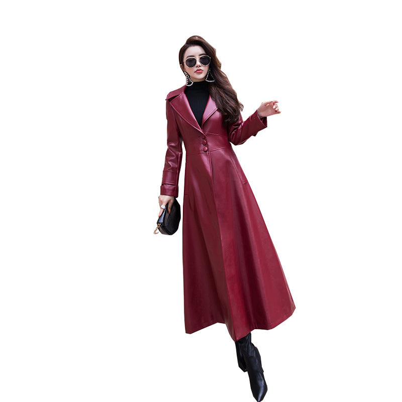 New single-breasted leather trench coat women autumn women's slim European and American over the knee lapel