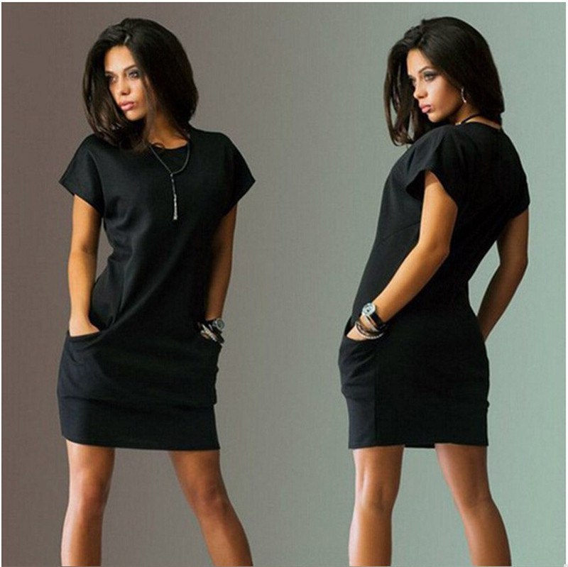 Women Casual Short Sleeve O-Neck Black Blue Dresses