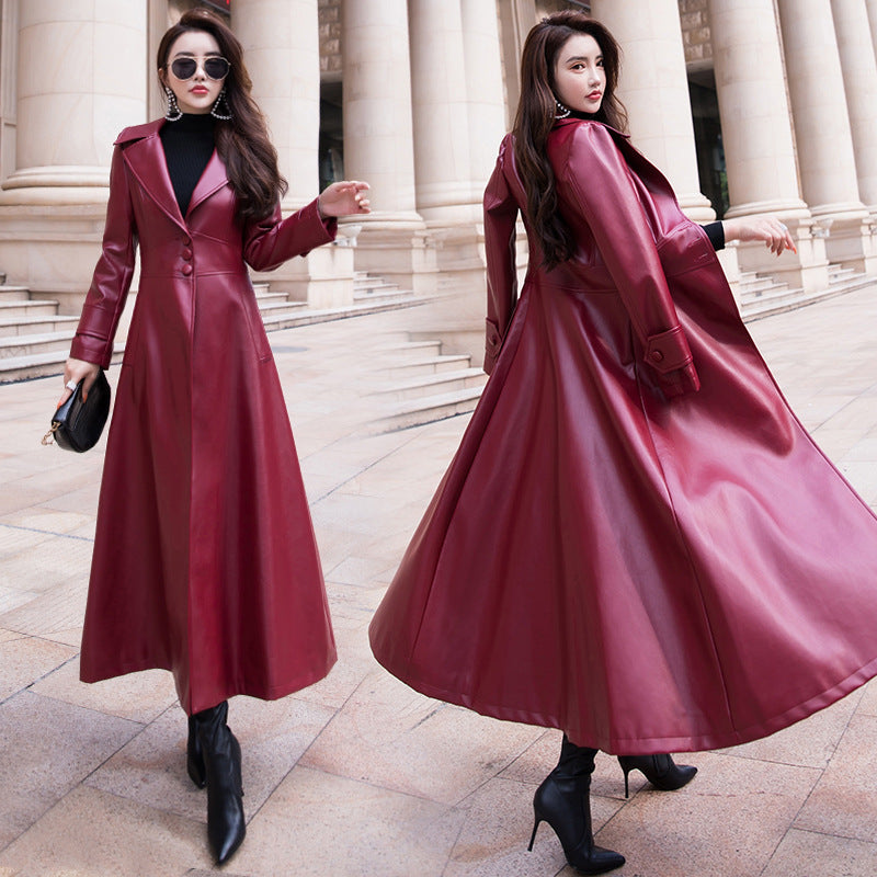 New single-breasted leather trench coat women autumn women's slim European and American over the knee lapel