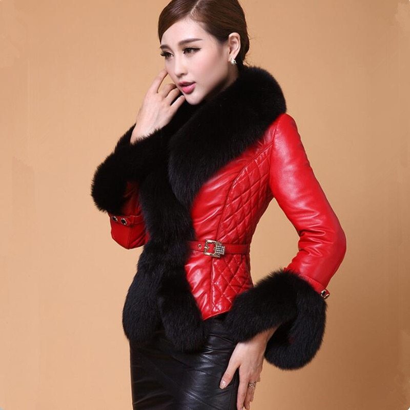 Women's Fur Coat Fashion For Winter | Fox Fur Collar Leather Jacket