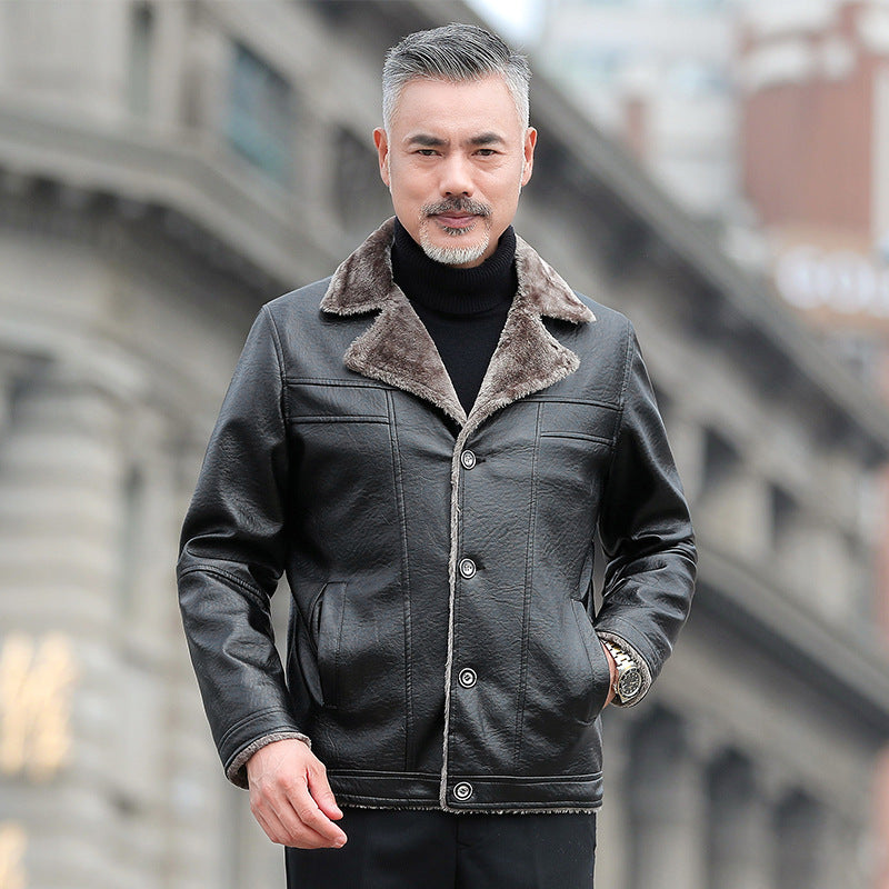 Men's Elegant Plush Thick Leather Cotton Jacket  For Winter