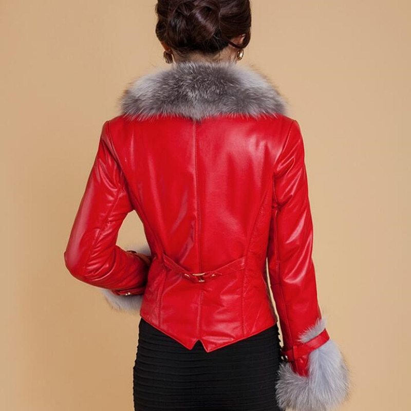 Women's Fur Coat Fashion For Winter | Fox Fur Collar Leather Jacket