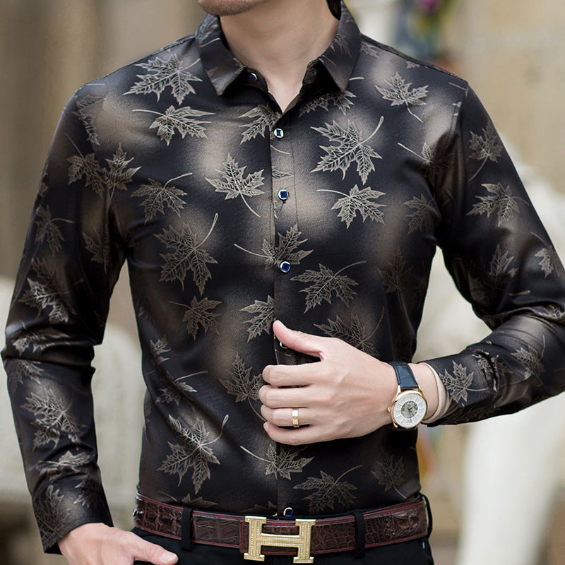 Men's Casual Slim Long-Sleeved Shirt Fashion. Maple Leaf Printed.