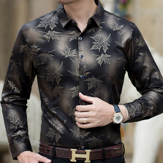Casual Slim Long-Sleeved Shirt Men's Fashion. Maple Leaf Printed.