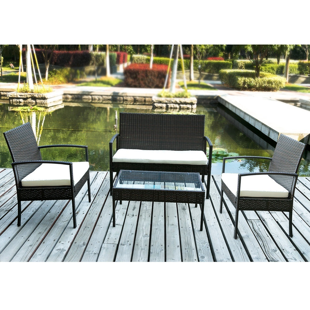 Set Patio Cushioned Set Garden Sofa Set(Beige Cushion) For Terrace and Patio | 4Pcs Outdoor Rattan Furniture