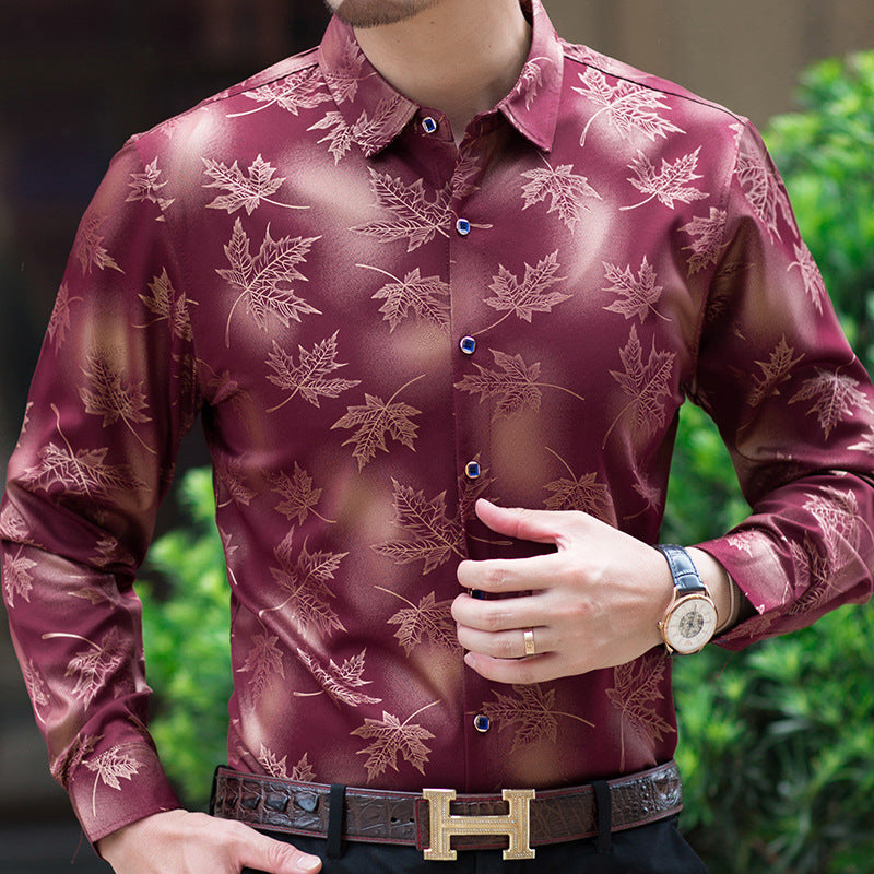 Men's Casual Slim Long-Sleeved Shirt Fashion. Maple Leaf Printed.