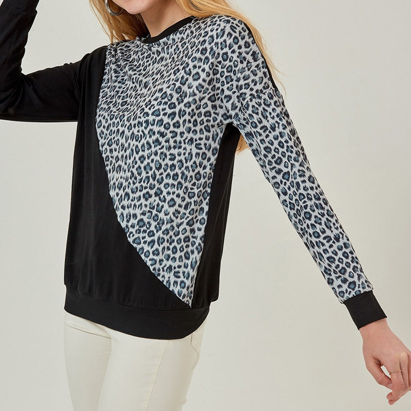 Casual Contrast Color Stitching Leopard Print Sweater Women