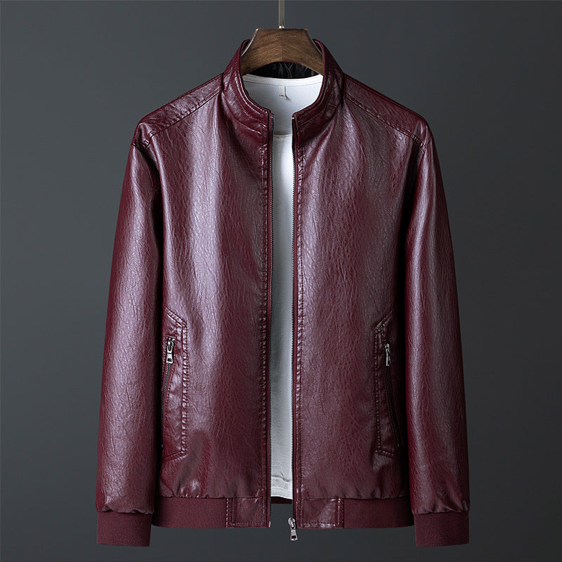 Stand Up Collar Casual Spring And Autumn Leather Jacket