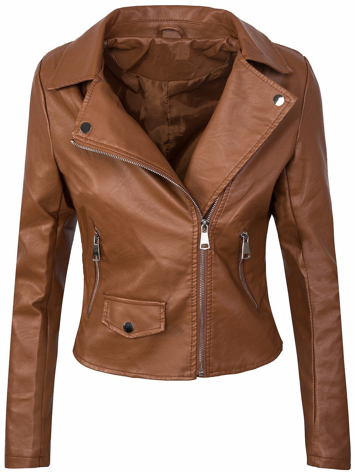 Women's Chic Slim PU Leather Fall Winter Coat With Short Zipper