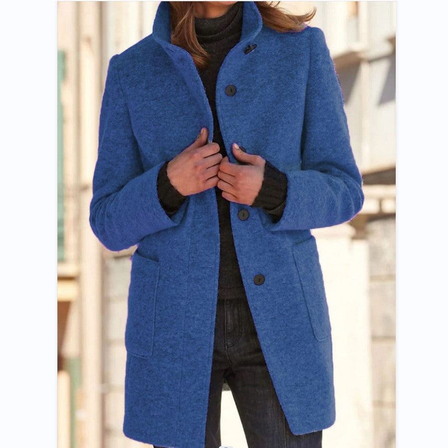 Fashion Chic Stand Collar Woolen Coat With Button And Pockets For Winter.