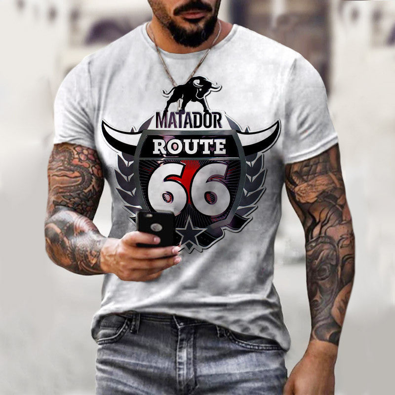European And American Men's Route 66 Printed Casual Round Neck T-Shirt