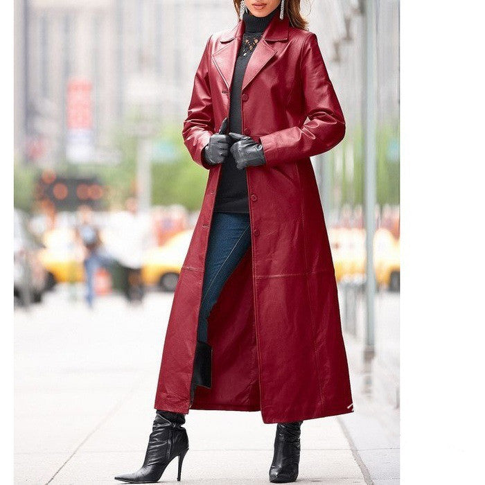 European and American women's leather coat long coat