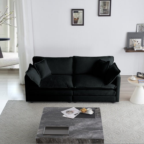 Black Chenille Modern Fabric Loveseat Sofa Couch For Living Room, 2-Seat With 4 Pillows