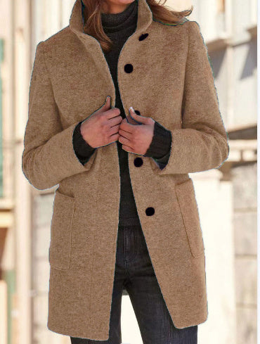 Fashion Chic Stand Collar Woolen Coat With Button And Pockets For Winter.