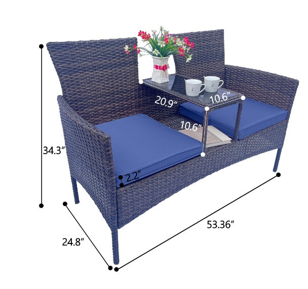 Comfortable Wicker Terrace Conversation Furniture Set, Outdoor with Removable Cushion and Table, Tempered Glass Top