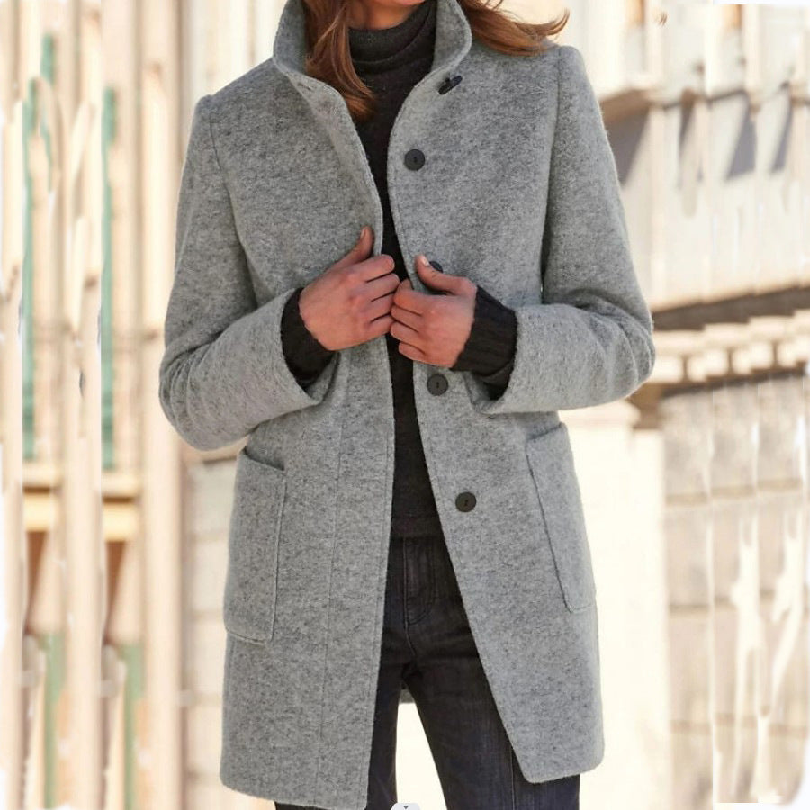 Fashion Chic Stand Collar Woolen Coat With Button And Pockets For Winter.