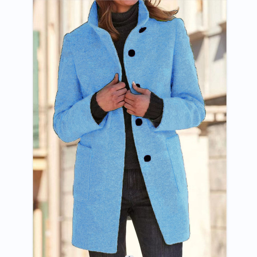 Fashion Chic Stand Collar Woolen Coat With Button And Pockets For Winter.