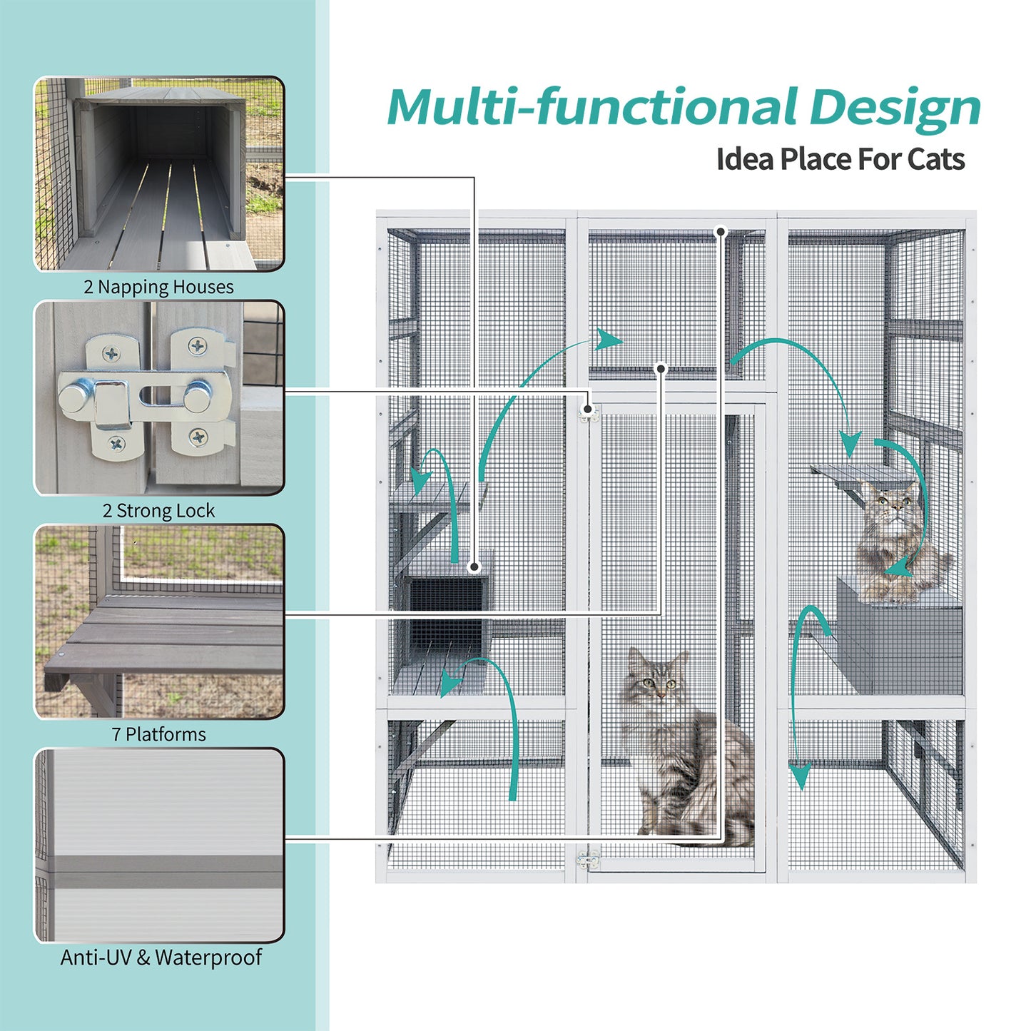 Cozy 62.6" Outdoor Wooden Cat House for Play Fence, UV & Water Resistant, 7 Platforms & 2 Resting Boxes