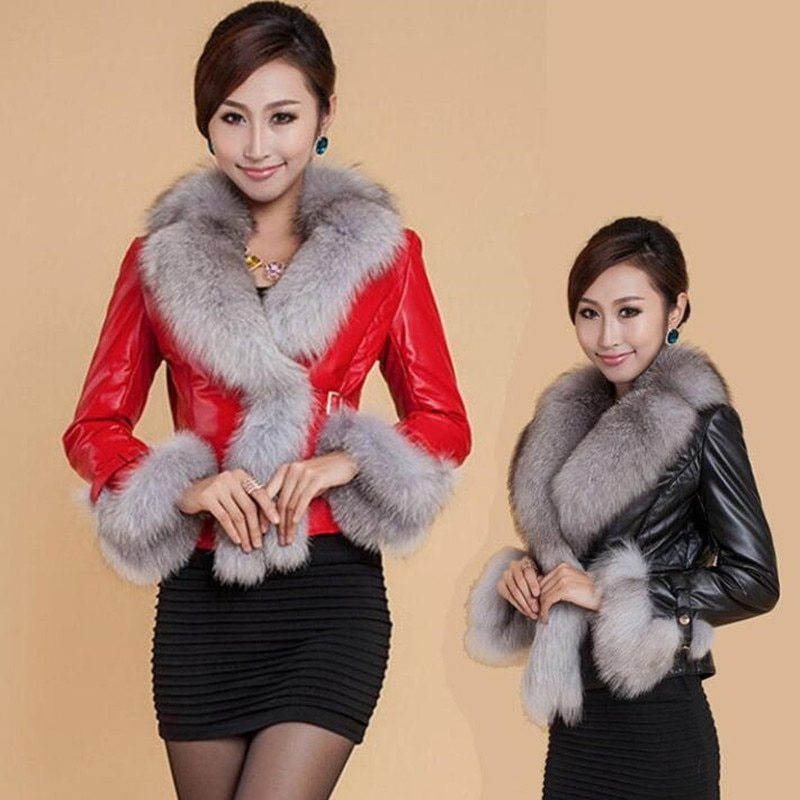 Women's Fur Coat Fashion For Winter | Fox Fur Collar Leather Jacket