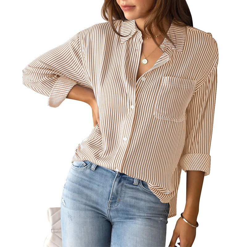 Striped Loose Casual Long Sleeves Shirt For Women