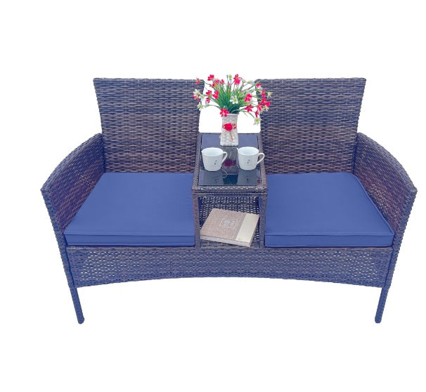 Comfortable Wicker Terrace Conversation Furniture Set, Outdoor with Removable Cushion and Table, Tempered Glass Top