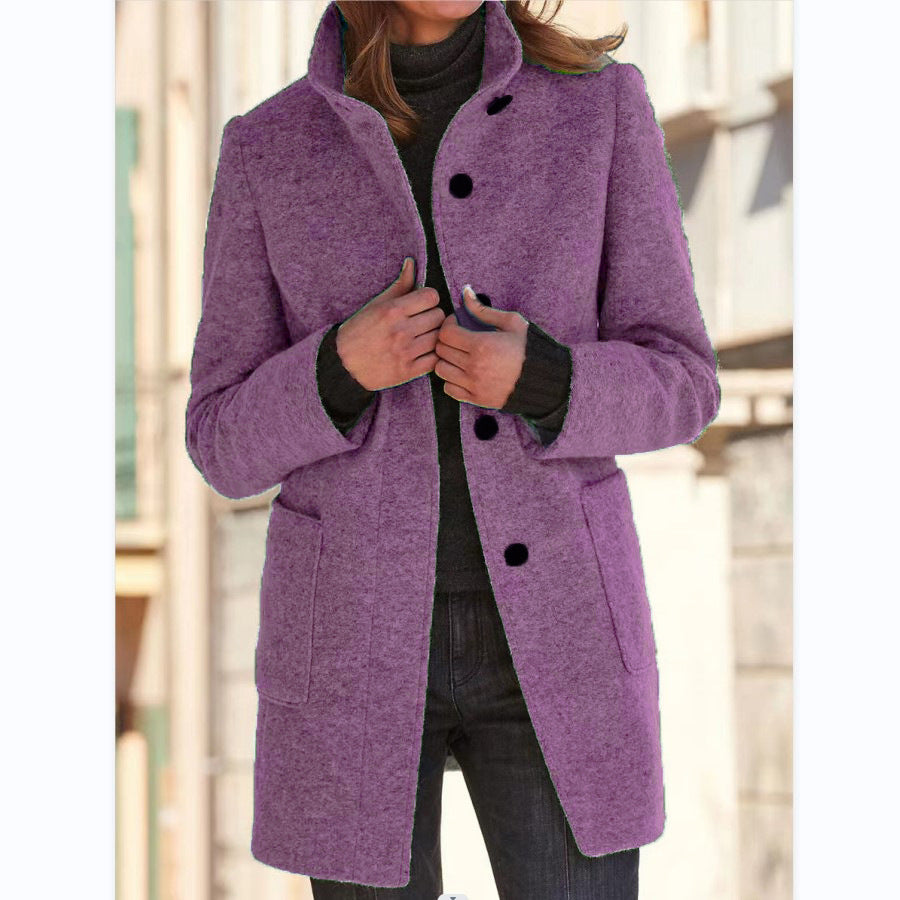 Fashion Chic Stand Collar Woolen Coat With Button And Pockets For Winter.