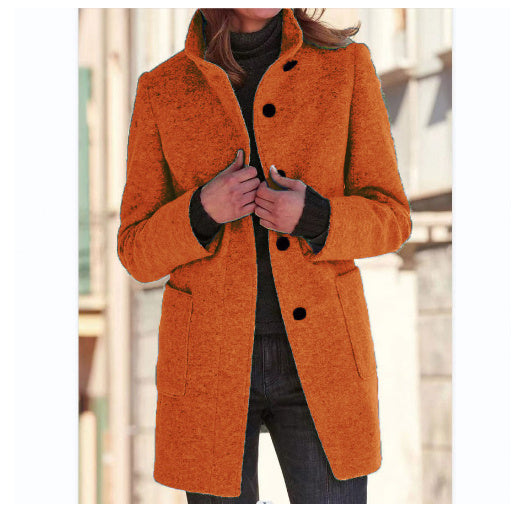 Fashion Chic Stand Collar Woolen Coat With Button And Pockets For Winter.