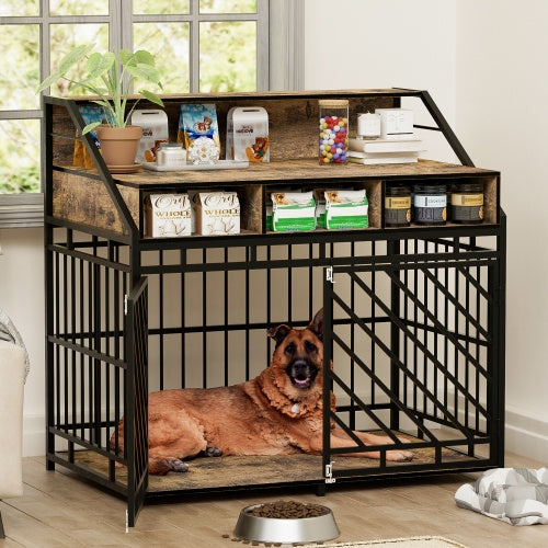 Large Dog Rest Area | 43.3 Inch Heavy Duty Wooden Pet Cage | Rustic Brown