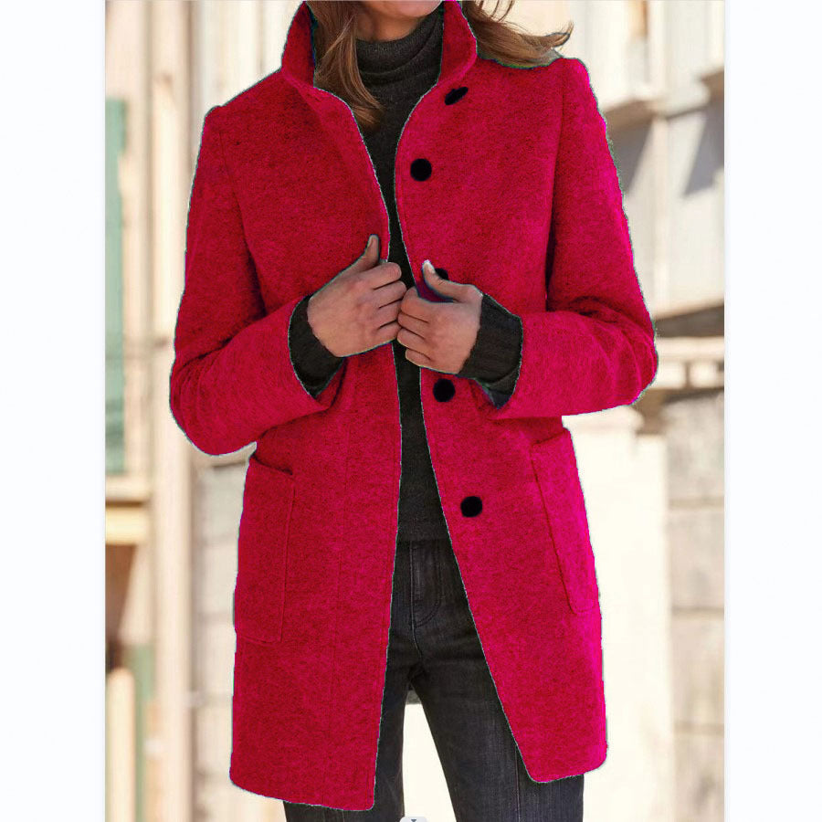 Fashion Chic Stand Collar Woolen Coat With Button And Pockets For Winter.