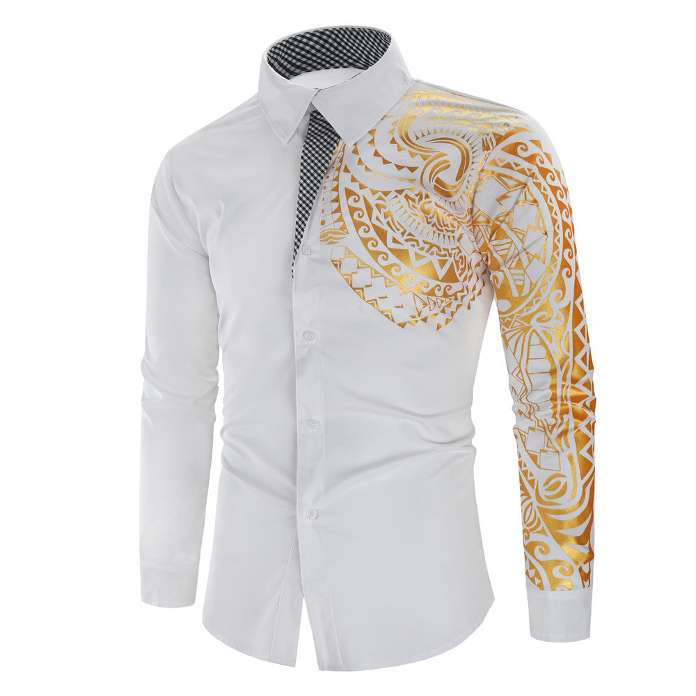 Men's Fashion Bronze Print Long Sleeve Lapel Shirt