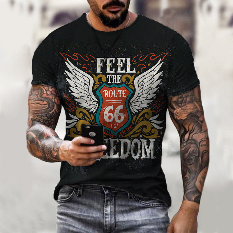 European And American Men's Route 66 Printed Casual Round Neck T-Shirt