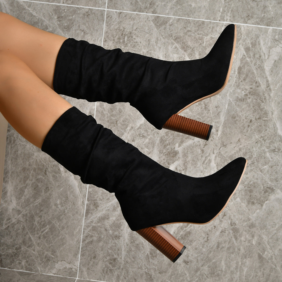 Pointed Toe High Block Heels Boots Woman |  Fashion Trendy Solid Shoes