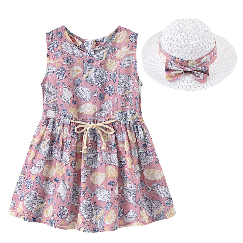 Girls Fashion Print Sleeveless Dress Hat Set