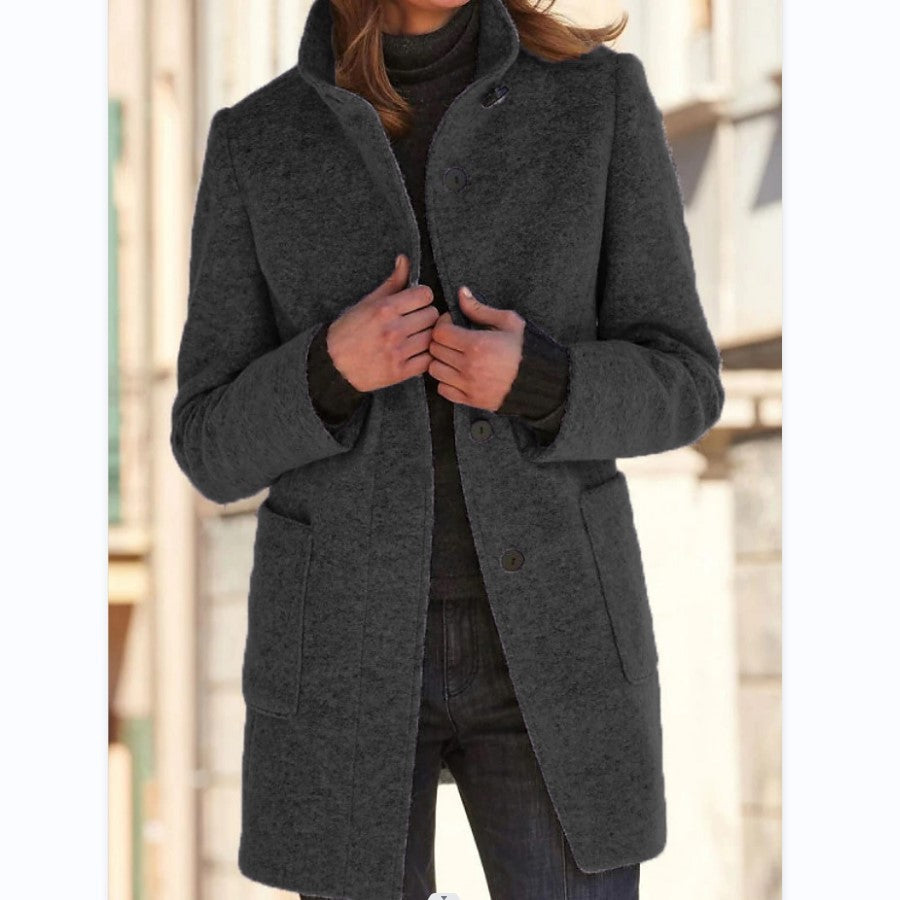 Fashion Chic Stand Collar Woolen Coat With Button And Pockets For Winter.